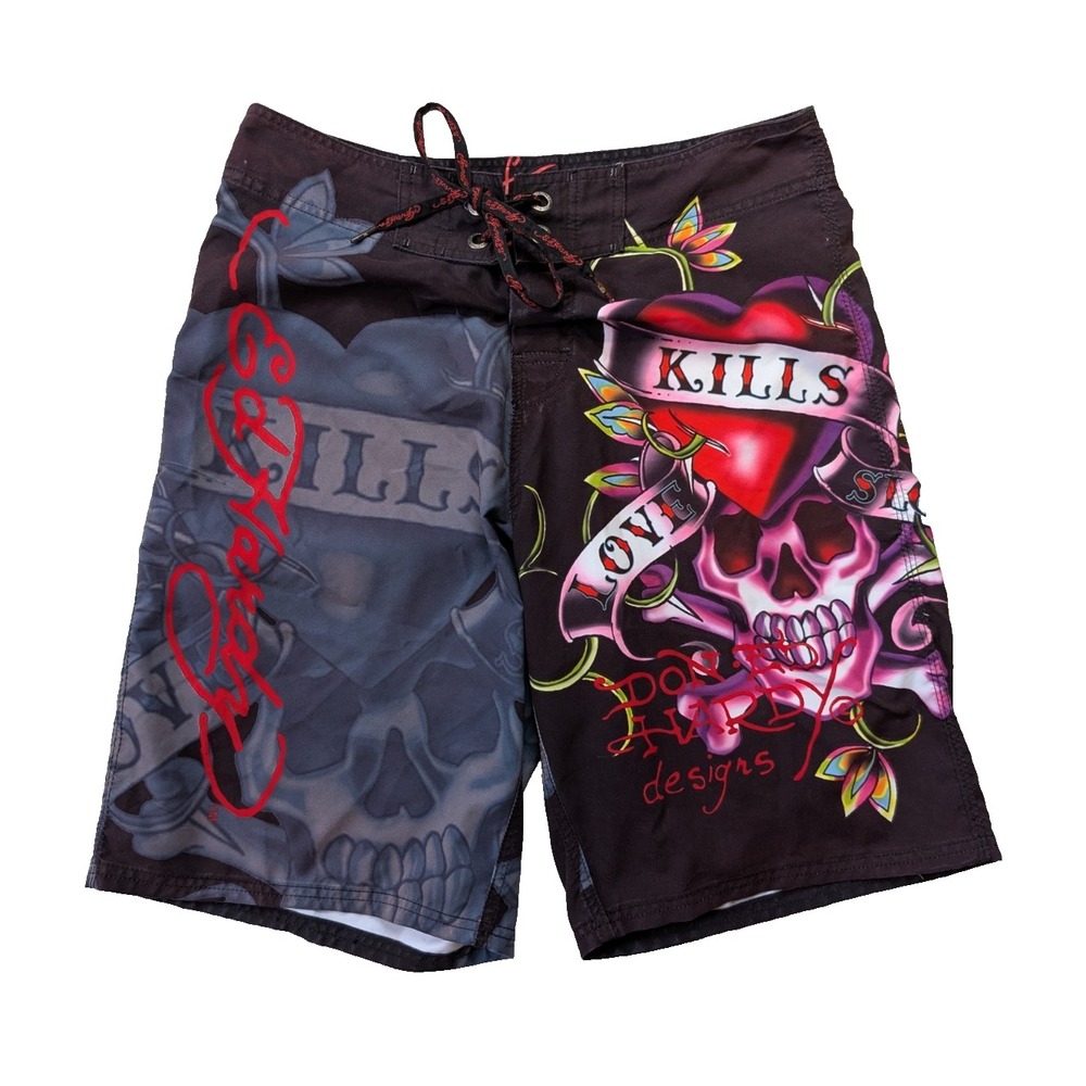 Ed Hardy Swimsuit Mens 32 Trunks Tattoo Art Skull Heart Love Kills‎ NO LINER Y2K